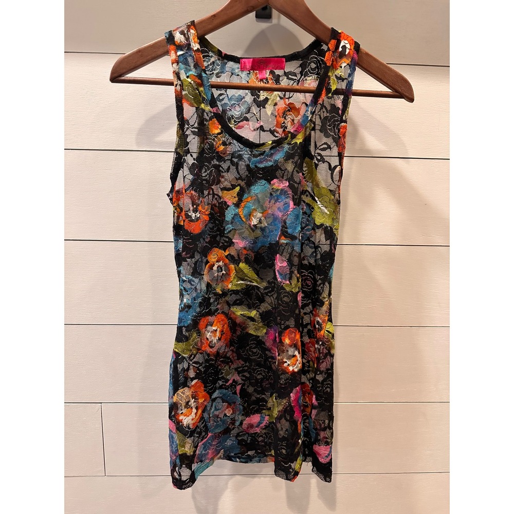 Almost Famous Womens Floral Sheer Lace Tank Top Black Multi Color Sleeveless M